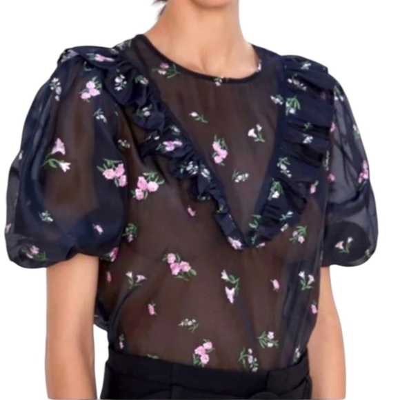 🛍Bundle sale🛍Zara M Chiffon Embroidered Ruffled Blouse floral sheer - Picture 3 of 8